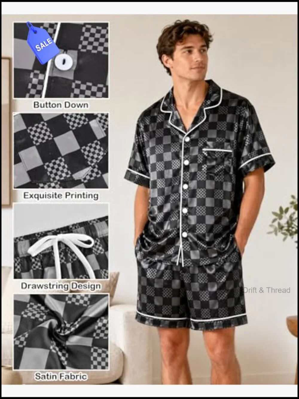 Mens Silky Satin Pajama Set Short Sleeve Button Down Summer Sleepwear M-2XL